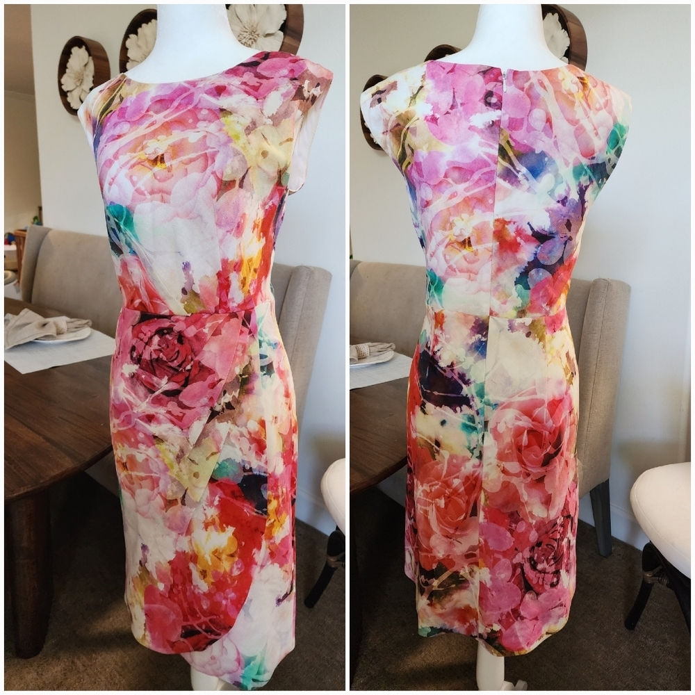 Linen Colorful Abstract Floral Dress Summer Wedding Boatneck Cap sleeve